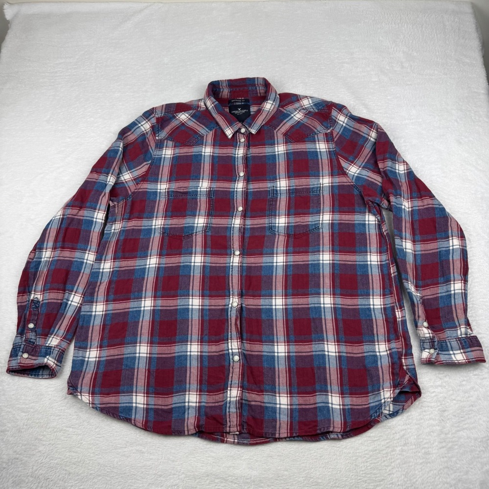 American Eagle Plaid Button Down Shirt Womens XL Burgundy Blue Western Snap